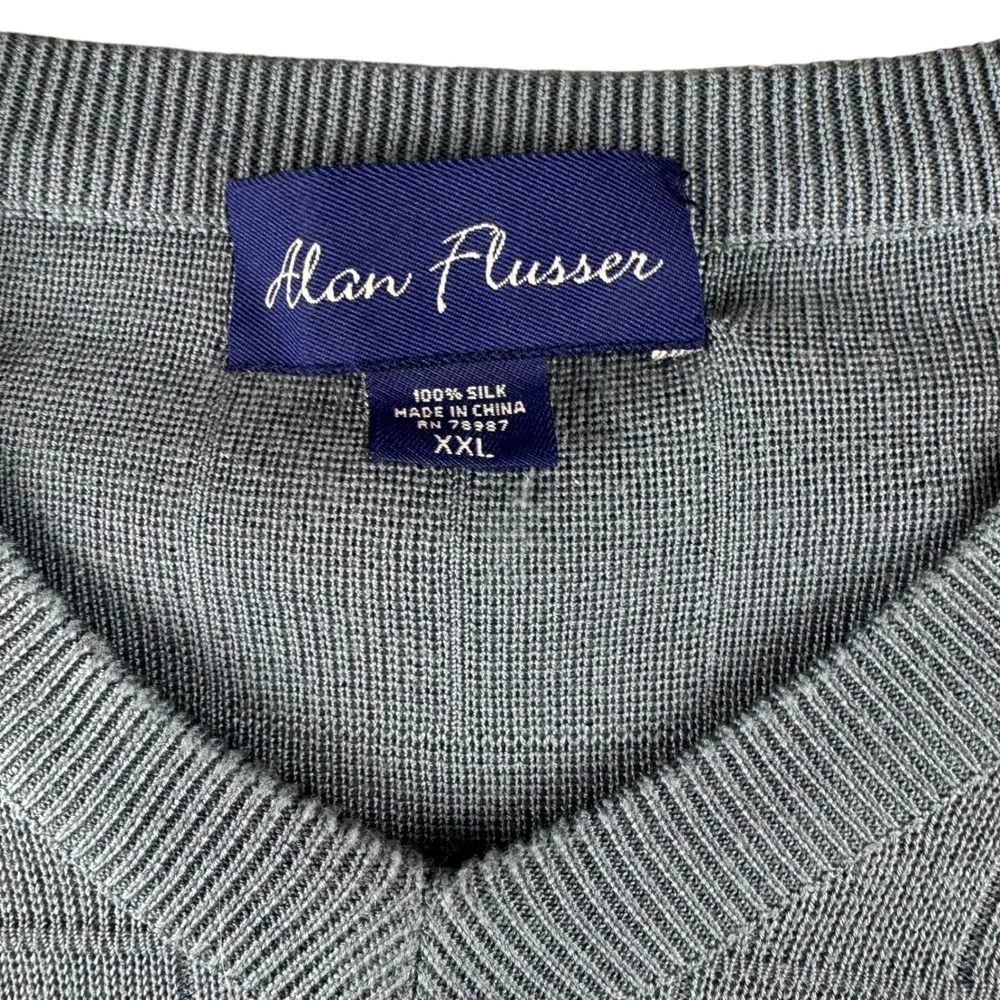 Alan Flusser Mens‎ XXL 100% Silk V-Neck Sweater Vest Slate Blue Grey Grid